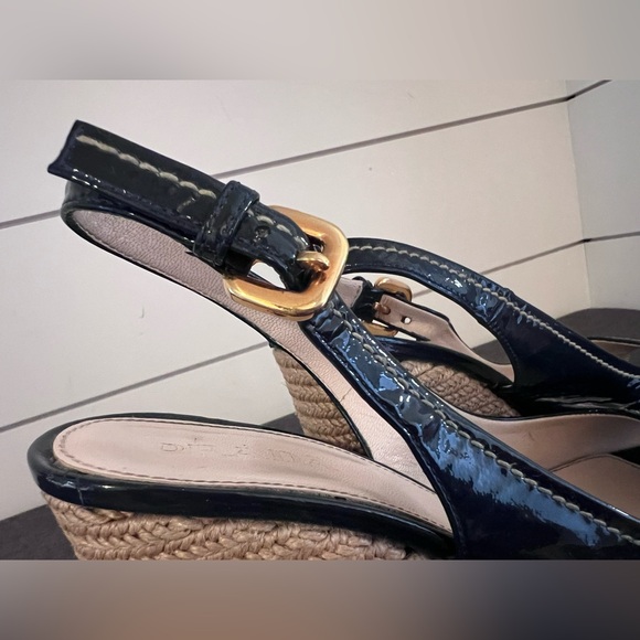 Prada Navy Blue Patent Leather Peep Toe Wedges Slingback Sandals Size 37 6.5 US - Picture 5 of 6